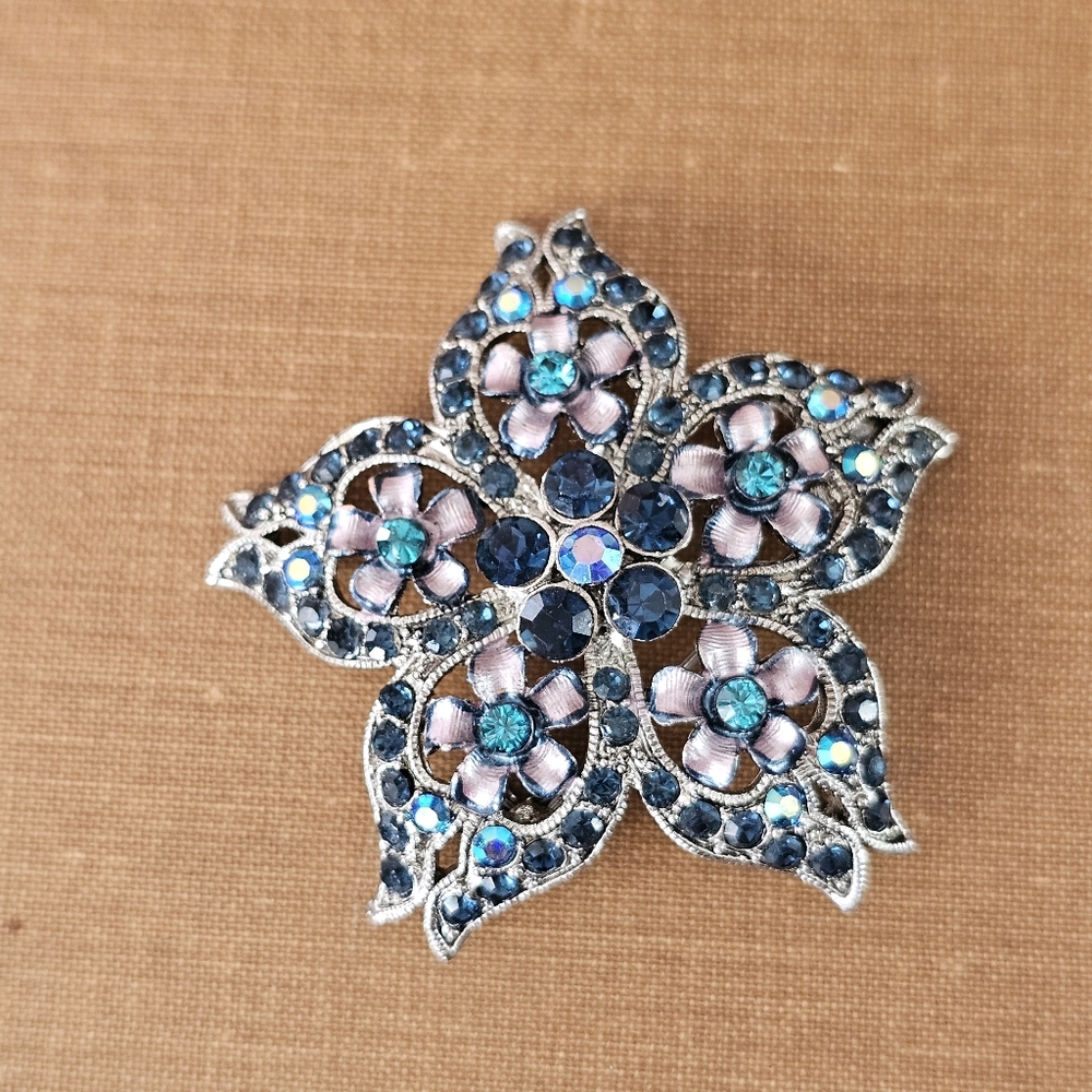 Vintage Blue Rhinestone Flower Brooch Silver Tone Layered Petal Aurora Borealis